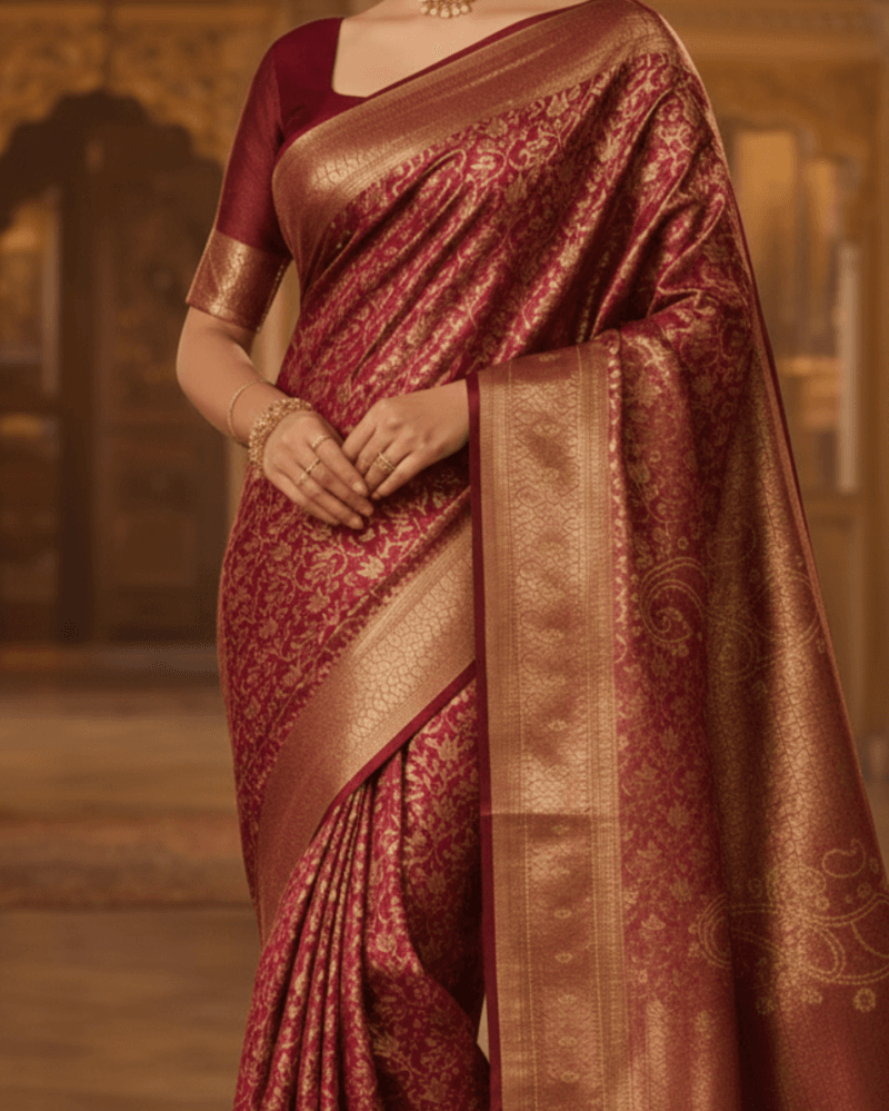 rich maroon with intricate gold zari floral work banarasi silk saree