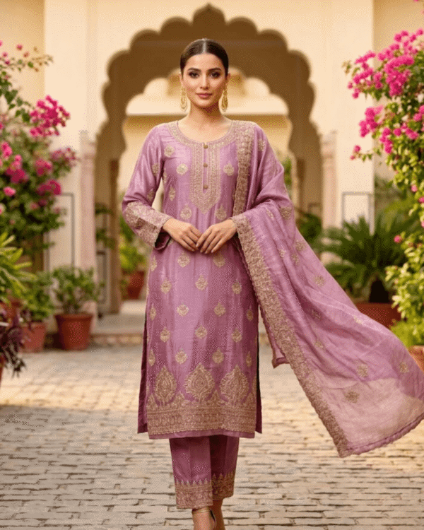 purple lavender semi stitched shimmer tissue suit set with dupatta with embroidery