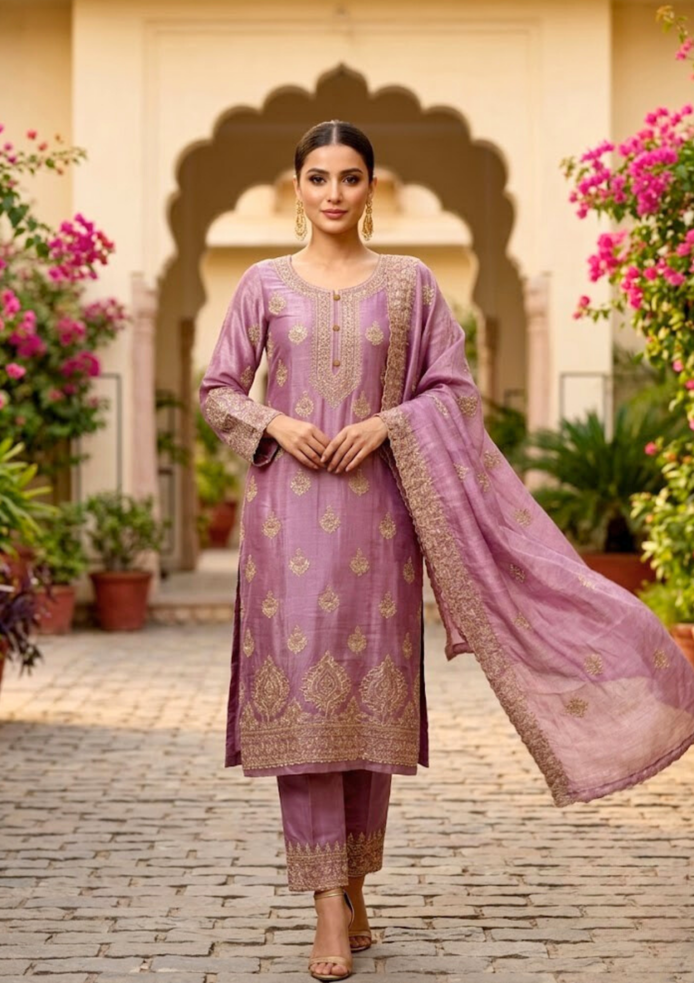 purple lavender semi stitched shimmer tissue suit set with dupatta with embroidery