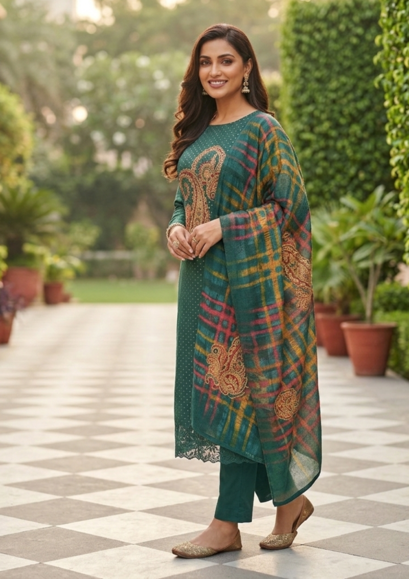 unstitched emerald teal satin suit enhanced with mirror applique and floral threadwork