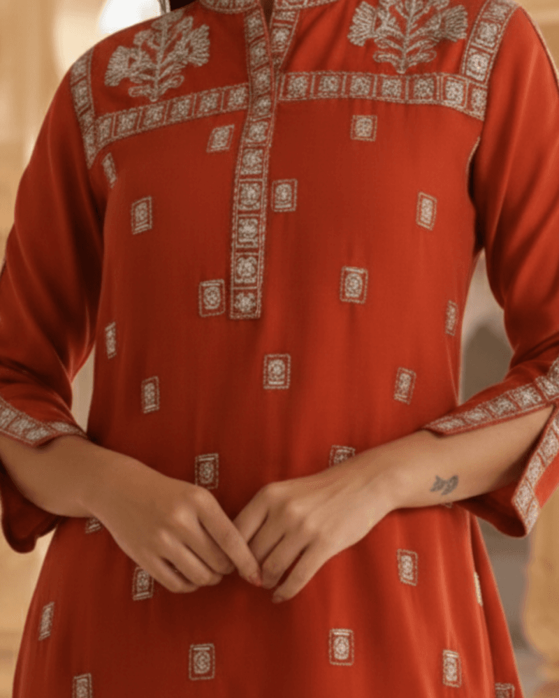rust red golden embroidered cotton kurta pant set