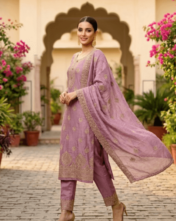 purple lavender semi stitched shimmer tissue suit set with dupatta with embroidery