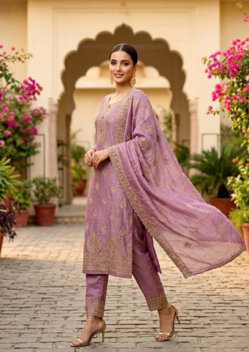 purple lavender semi stitched shimmer tissue suit set with dupatta with embroidery