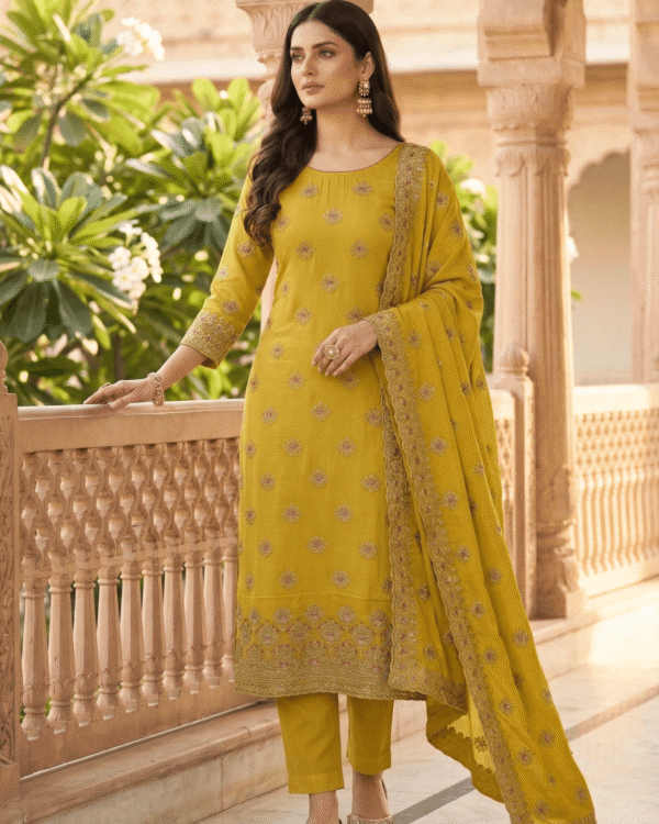 unstitched mustard shimmer silk blend embroidered suit material