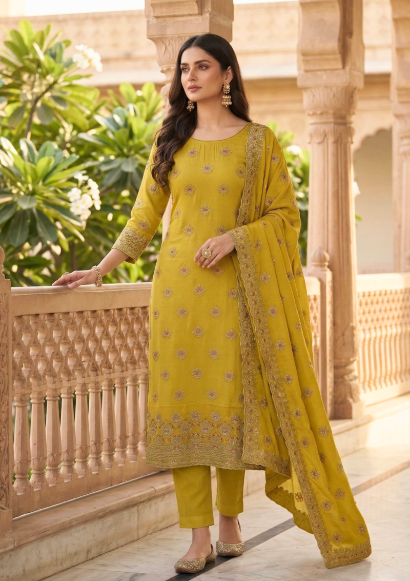 unstitched mustard shimmer silk blend embroidered suit material