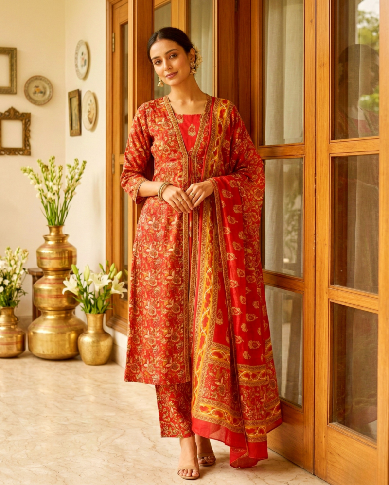 red front open bagru print cotton anarkali kurta set with dupatta