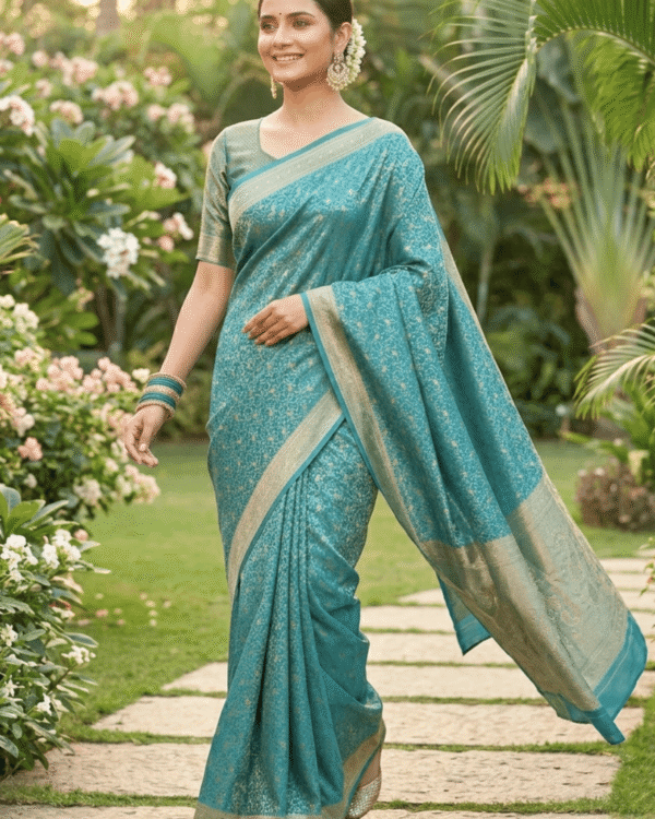 teal blue with silver–gold zari and paisley border banarasi silk saree