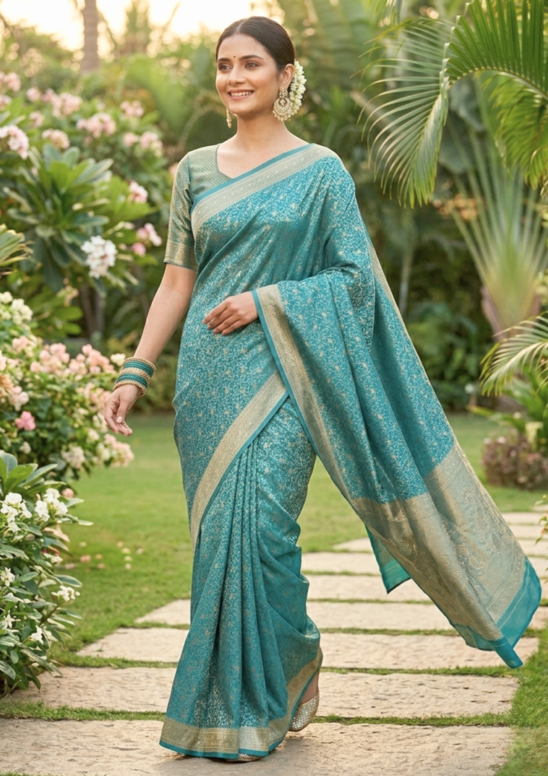 teal blue with silver–gold zari and paisley border banarasi silk saree