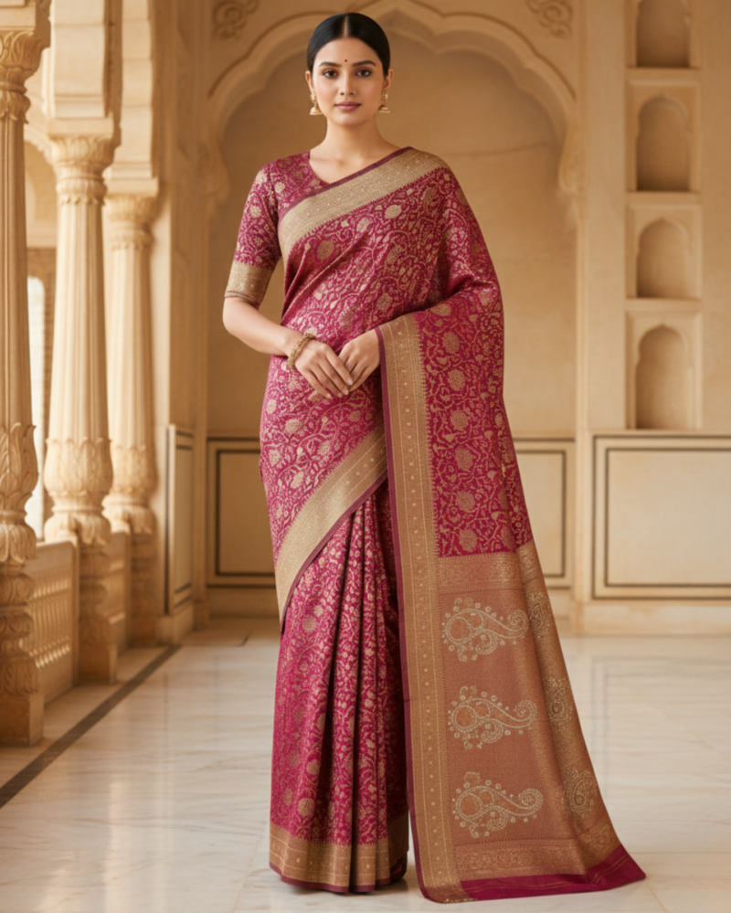 plum mauve with rich gold zari floral weave banarasi silk saree