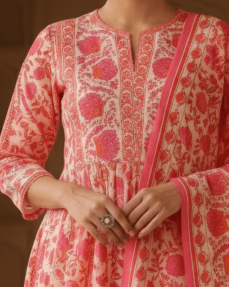 coral pink floral cotton kurta pant set with dupatta