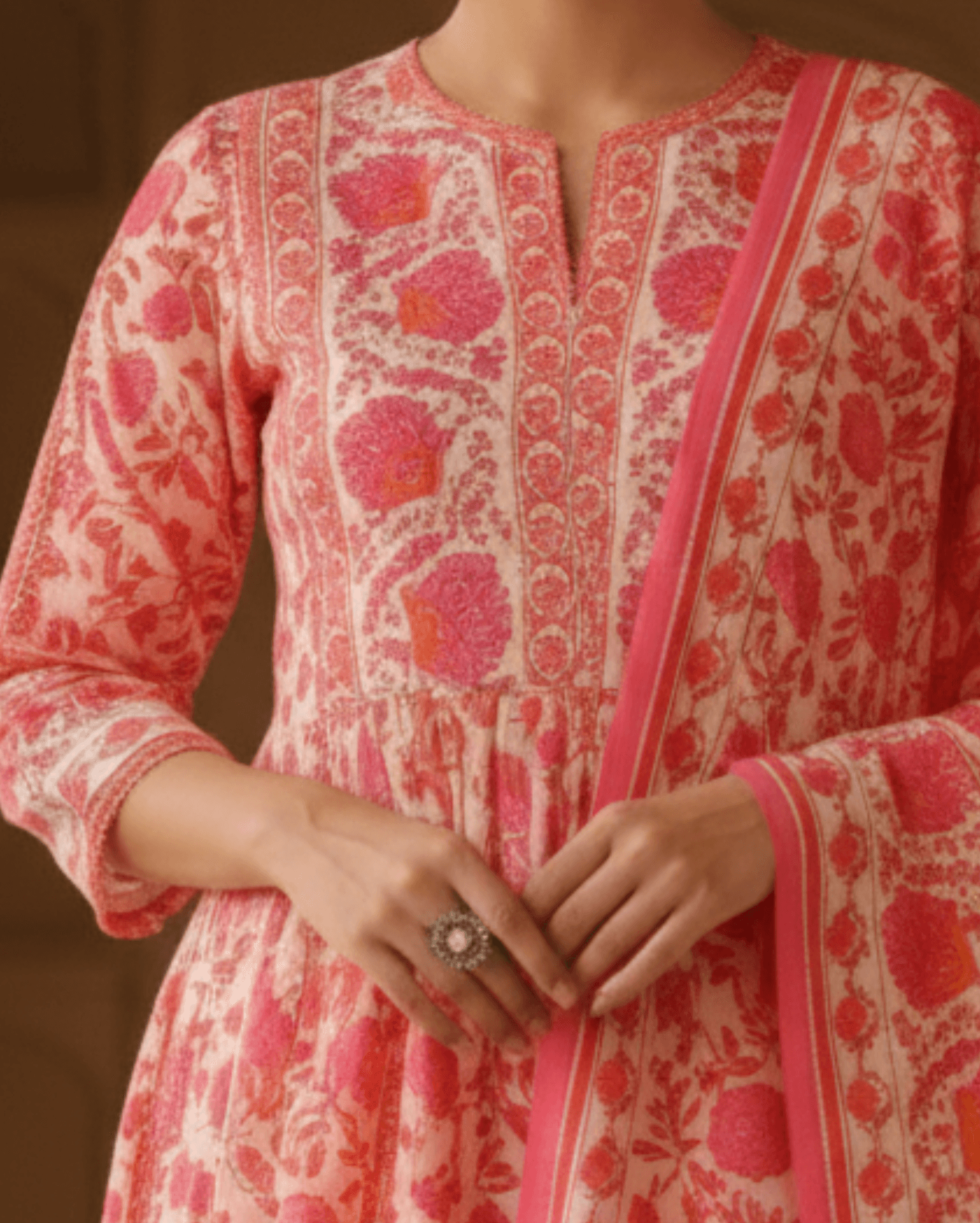 coral pink floral cotton kurta pant set with dupatta