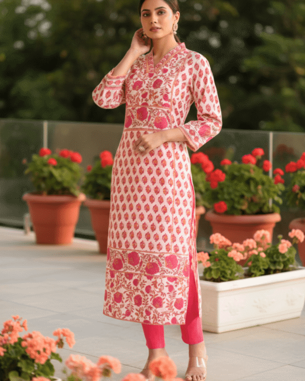 ivory with pink florals cotton kurta