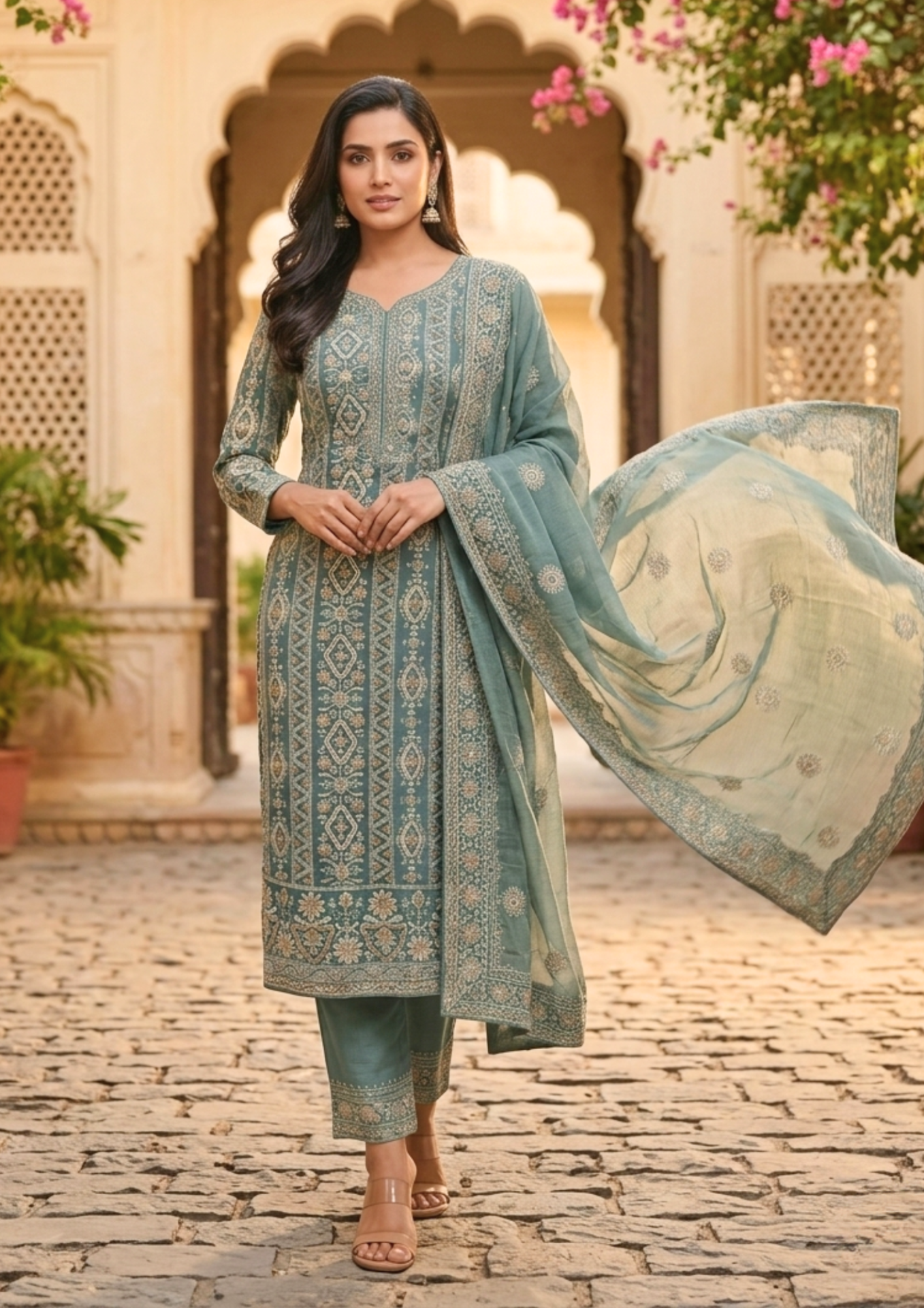 unstitched dusty mustard olive green viscose georgette fabric adorned with delicate ivory thread embroidered suit material