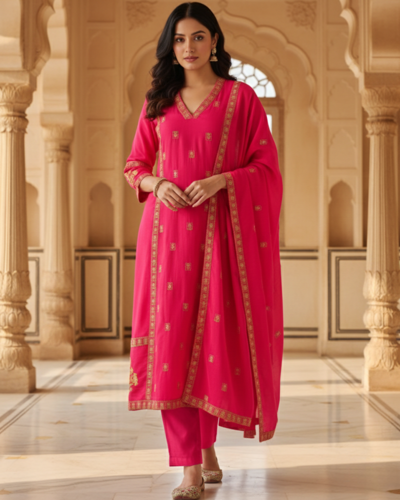 fuchsia pink cotton kurta pant set with dupatta