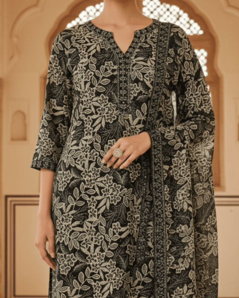 black cotton floral kurta with striped pant paired with matching dupatta