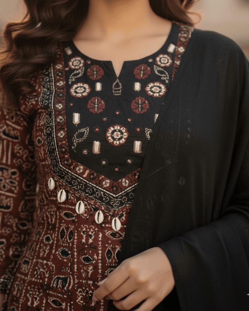 brown printed cotton anarkali suit with solid black dupatta