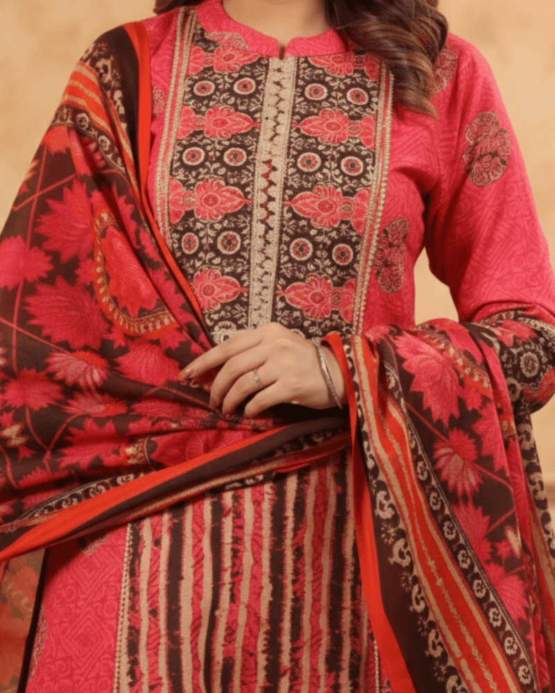 vibrant pink cotton floral printed suit set paired with bagru printed lightweight dupatta