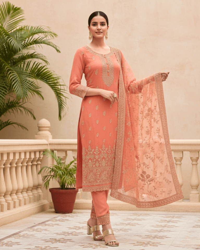 semi stitched sea green soft georgette suit with ivory sequin tree motifs