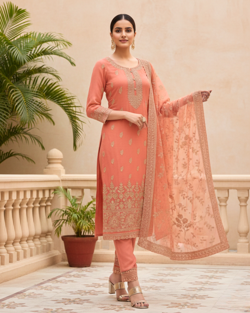 semi stitched sea green soft georgette suit with ivory sequin tree motifs