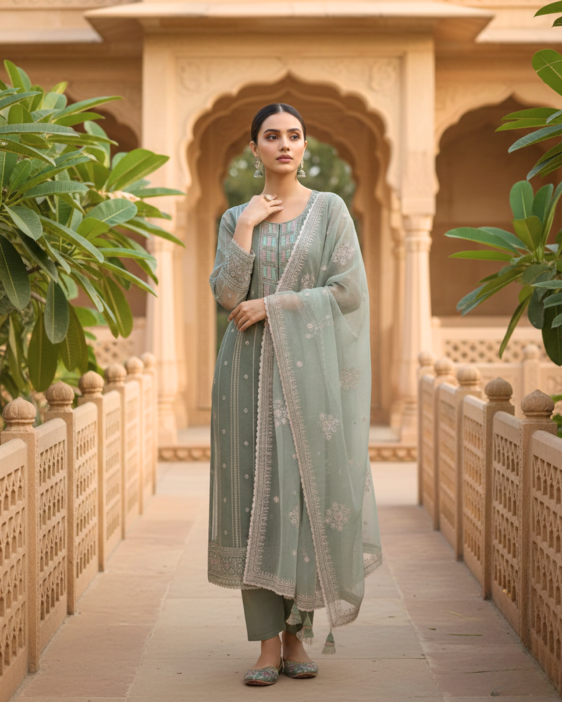 semi stitched plum purple organza suit featuring fine zari and sequin embroidery