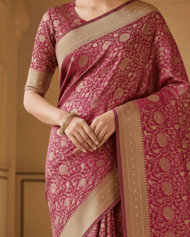plum mauve with rich gold zari floral weave banarasi silk saree