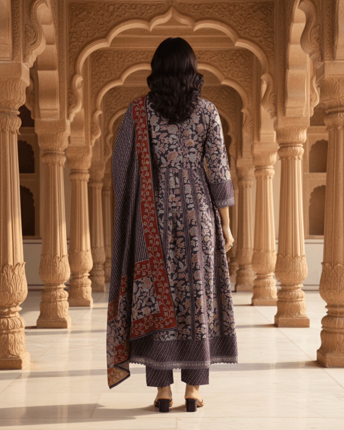 purple floral sangneri printed cotton flared suit set with dupatta