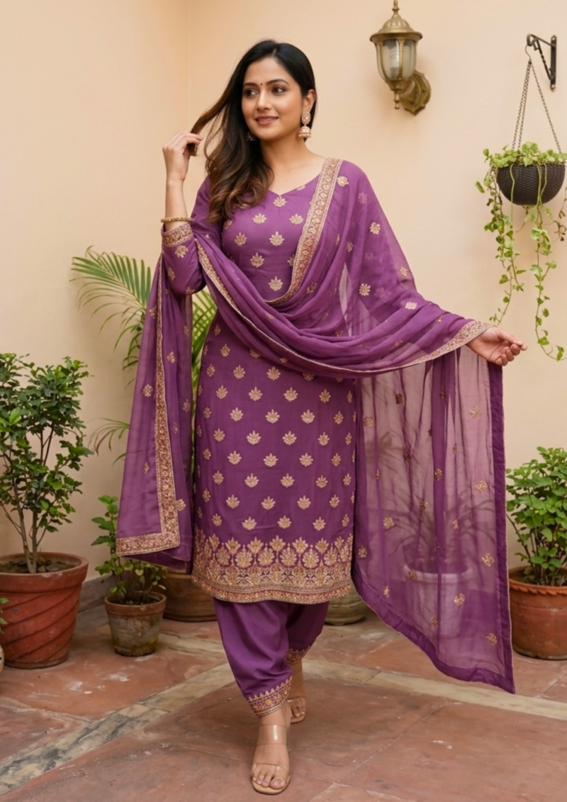 unstitched plum shimmer silk blend embroidered suit material