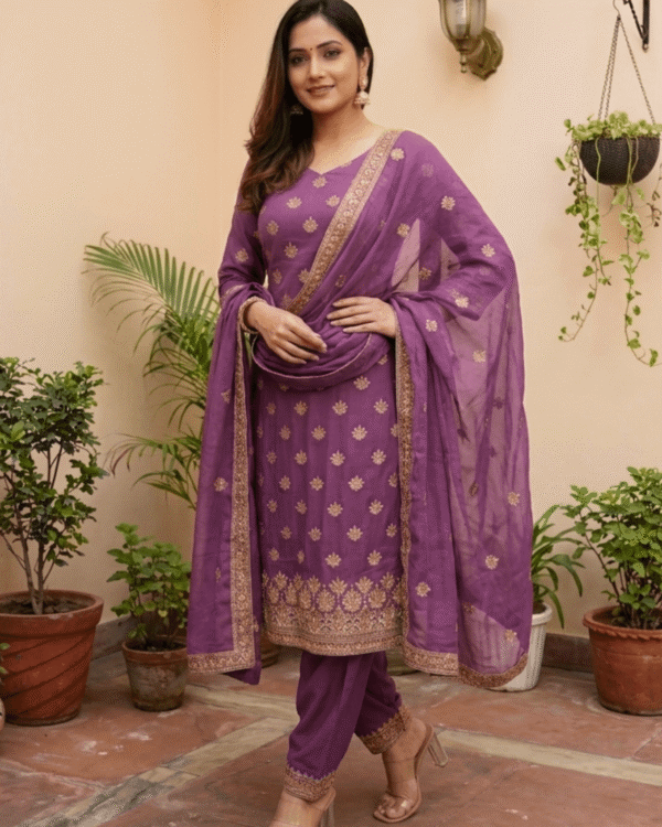 unstitched plum shimmer silk blend embroidered suit material