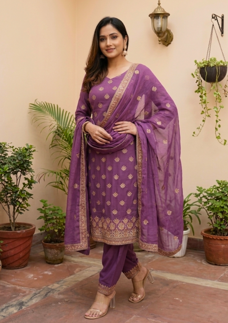 unstitched plum shimmer silk blend embroidered suit material