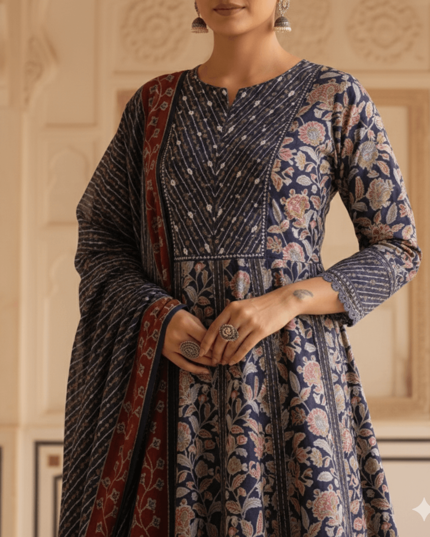 purple floral sangneri printed cotton flared suit set with dupatta