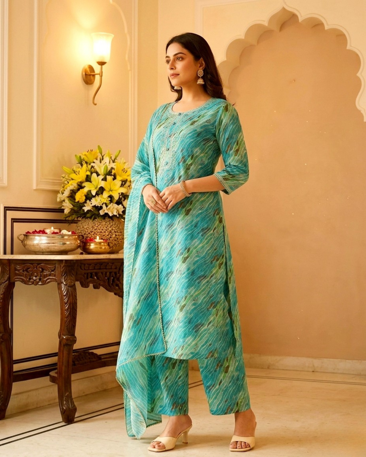 teal blue leheriya pattern cotton suit set with dupatta