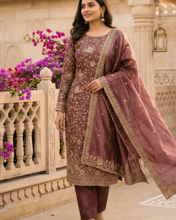 unstitched mauve silk textured fabric with zari suit material