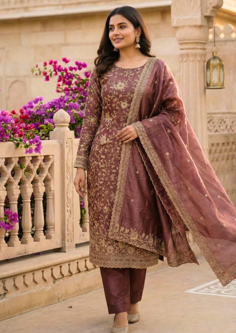 unstitched mauve silk textured fabric with zari suit material