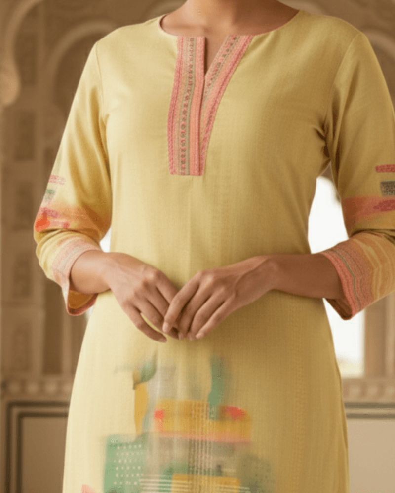 yellow digital printed cotton kurta pant set