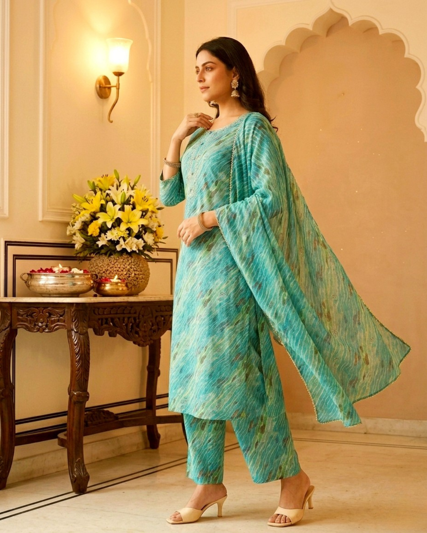 teal blue leheriya pattern cotton suit set with dupatta