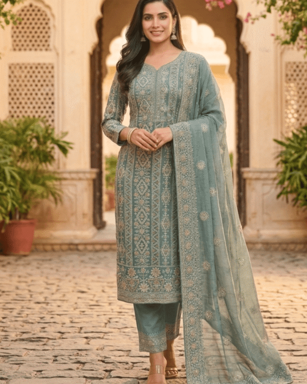unstitched dusty mustard olive green viscose georgette fabric adorned with delicate ivory thread embroidered suit material