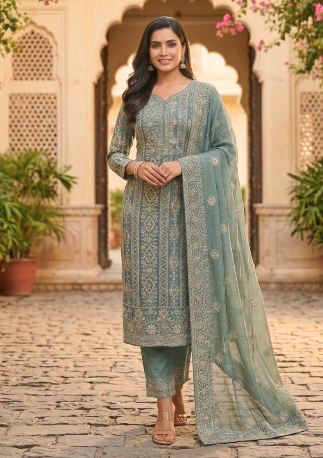 unstitched dusty mustard olive green viscose georgette fabric adorned with delicate ivory thread embroidered suit material