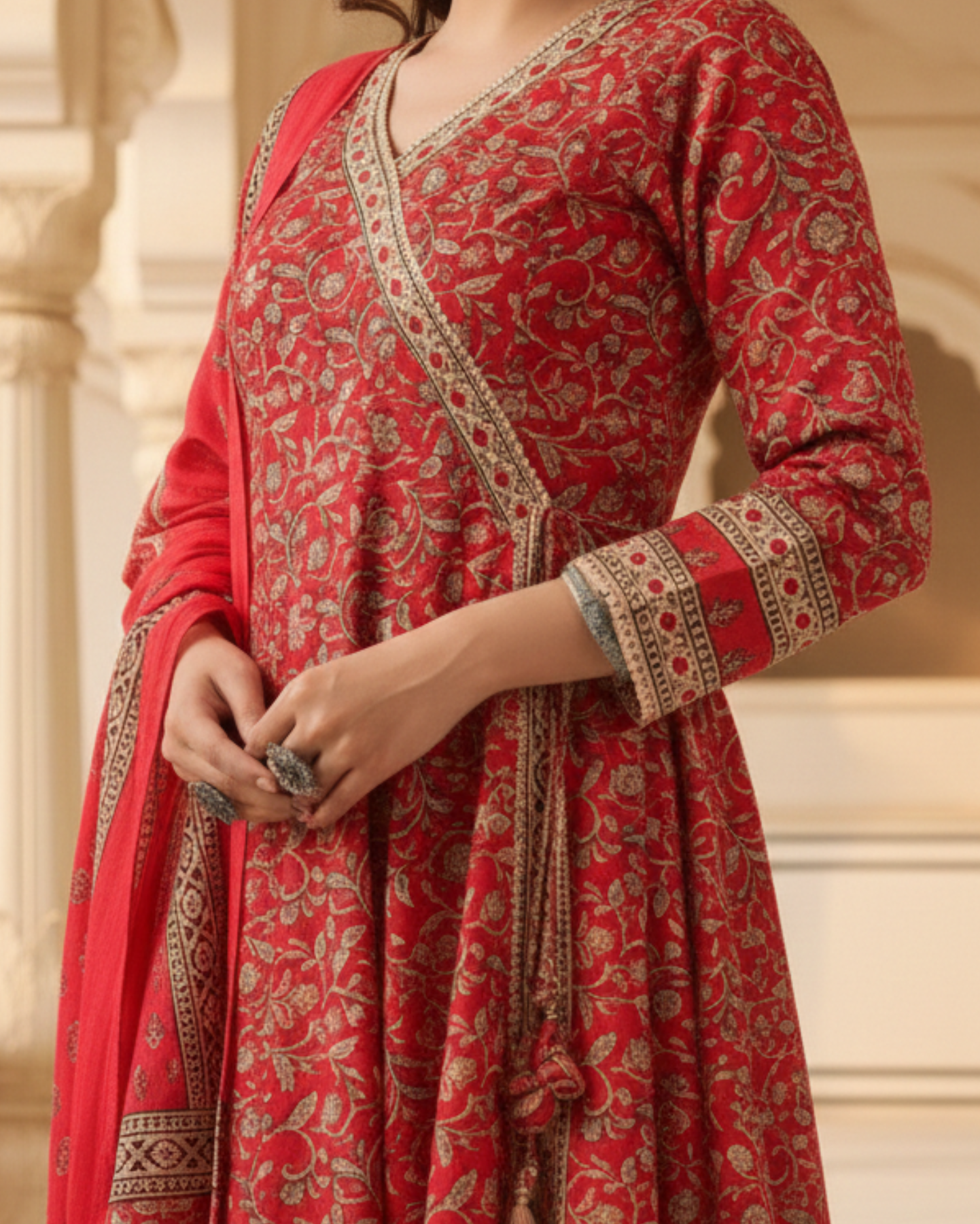 vibrant red cotton floral handblock sangneri angrakha style kurta set with dupatta