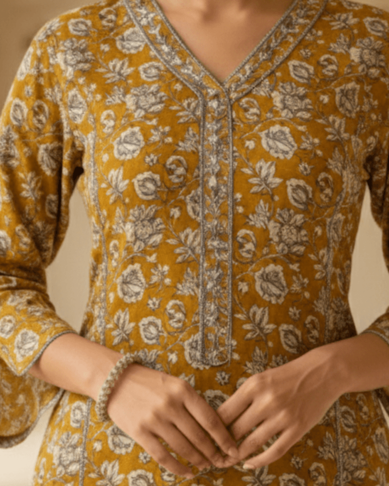 mustard cotton floral printed kurta