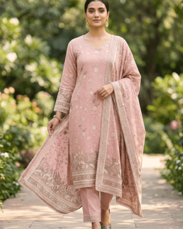 unstitched antique rose pink fine muslin cotton blend with sequin accents and textured embroidered suit material