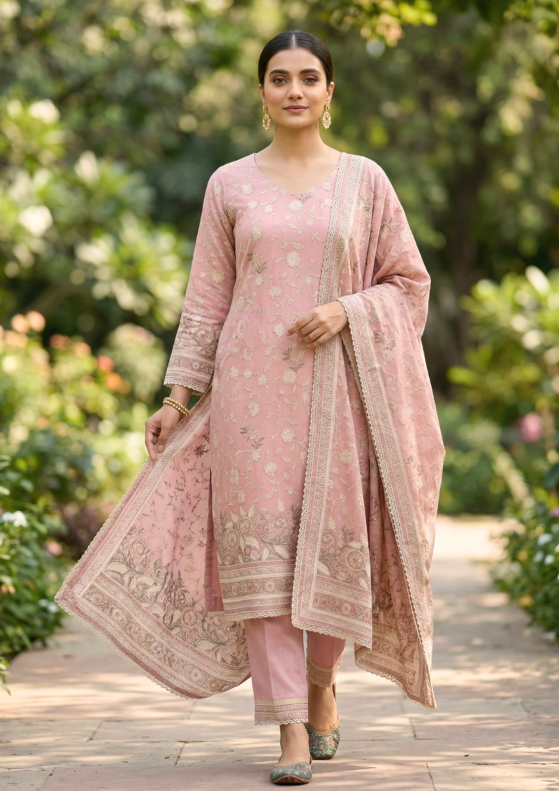 unstitched antique rose pink fine muslin cotton blend with sequin accents and textured embroidered suit material