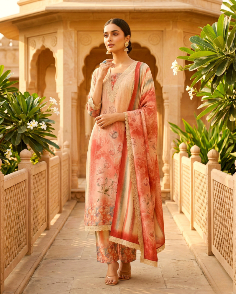 pastel peach cotton mix kurta set with dupatta