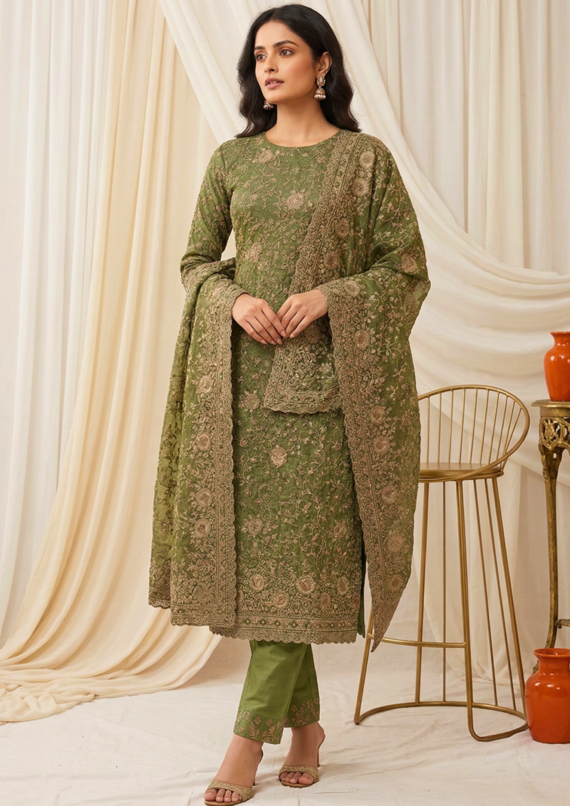 unstitched deep green tissue with embroidery suit material