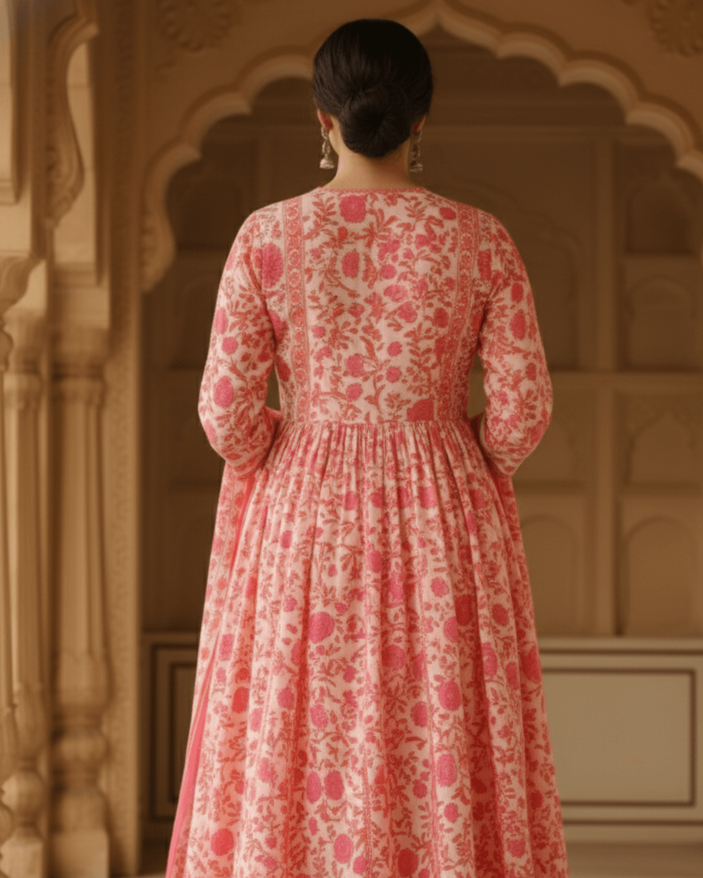 coral pink floral cotton kurta pant set with dupatta