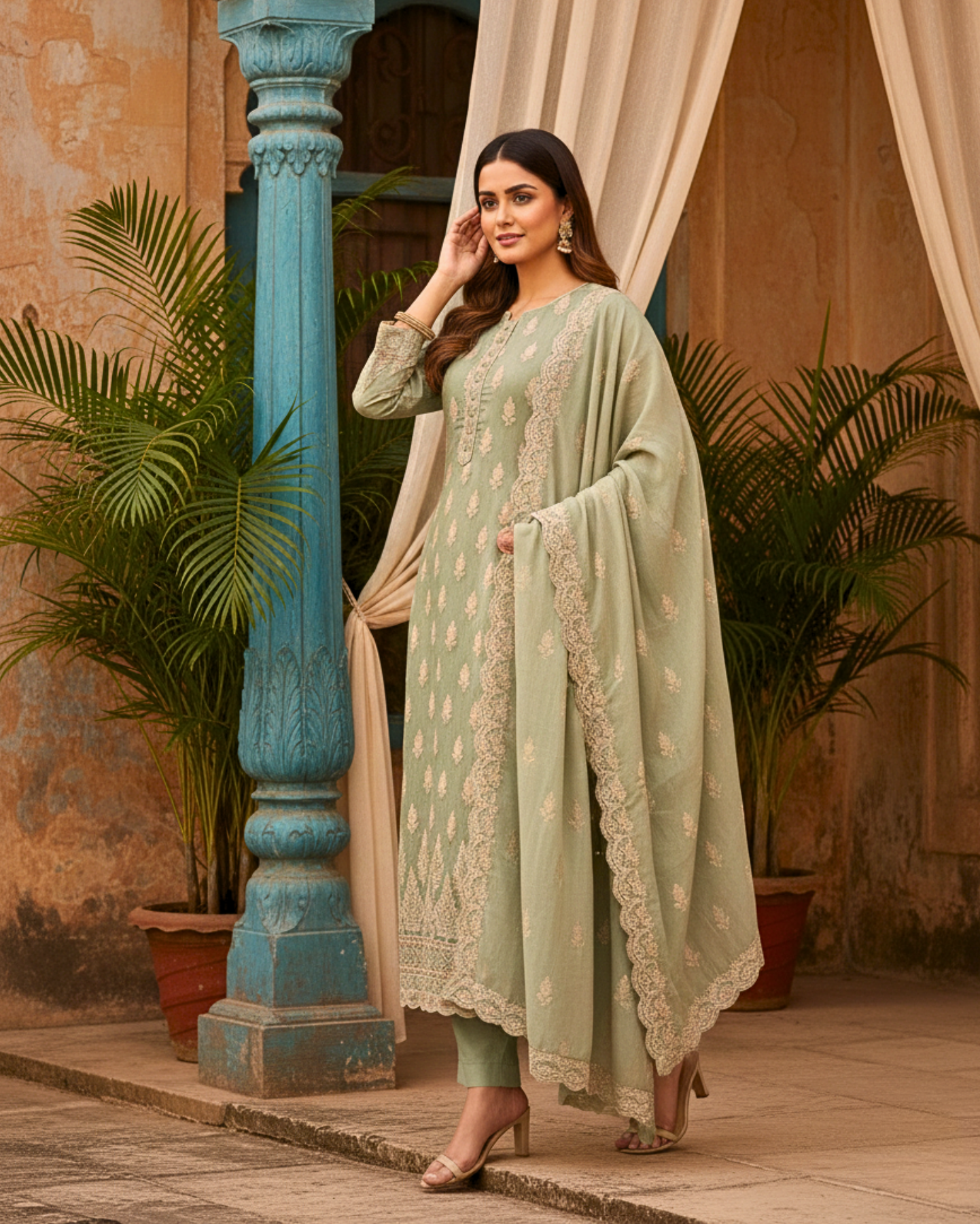semi stitched sea green soft georgette suit with ivory sequin tree motifs