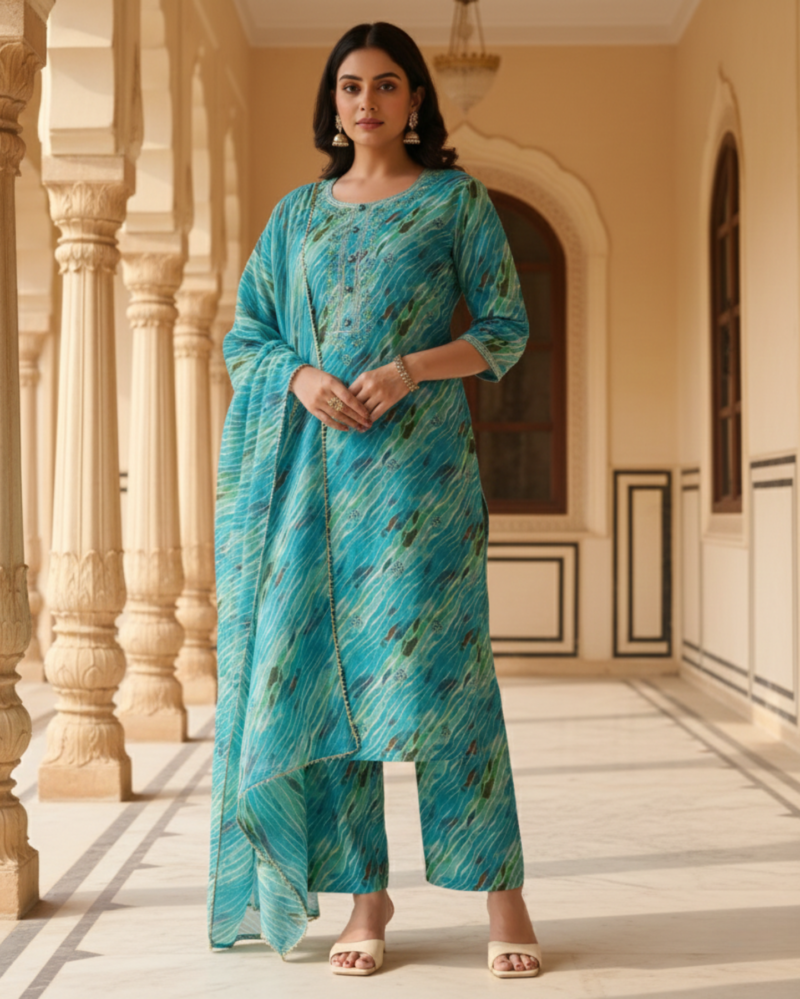 teal blue leheriya pattern cotton suit set with dupatta