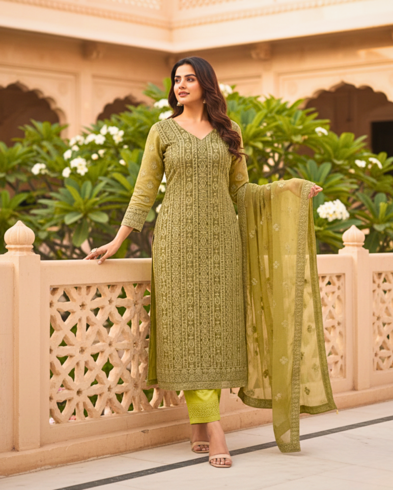 unstitched dusty teal green viscose georgette fabric adorned with delicate ivory thread embroidered suit material