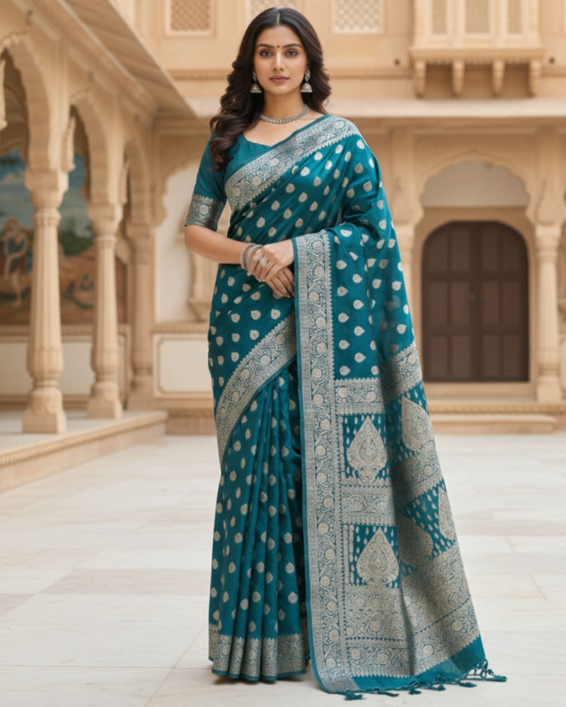 deep teal brocade with intricate antique gold floral weave banarasi silk saree