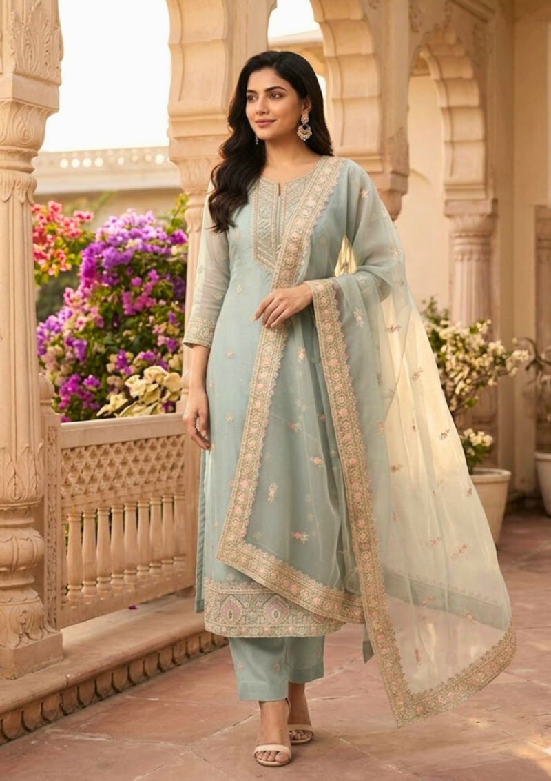 semi stitched sky blue chiffon with delicate embroidery suit material