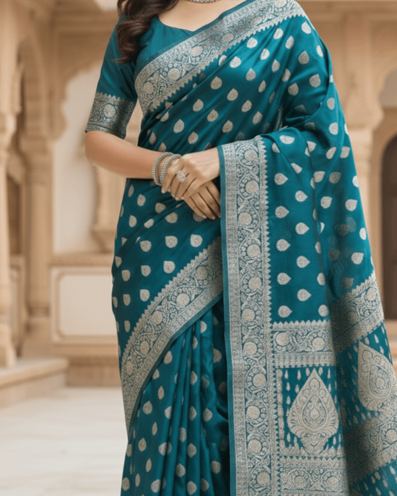 deep teal brocade with intricate antique gold floral weave banarasi silk saree